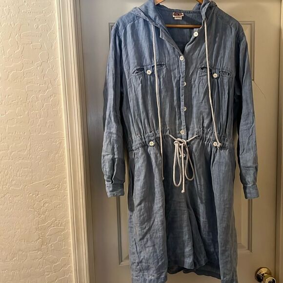 Vintage Saks Fifth Avenue Blue Chambray Linen Hooded Cinched Waist Romper - Picture 1 of 11